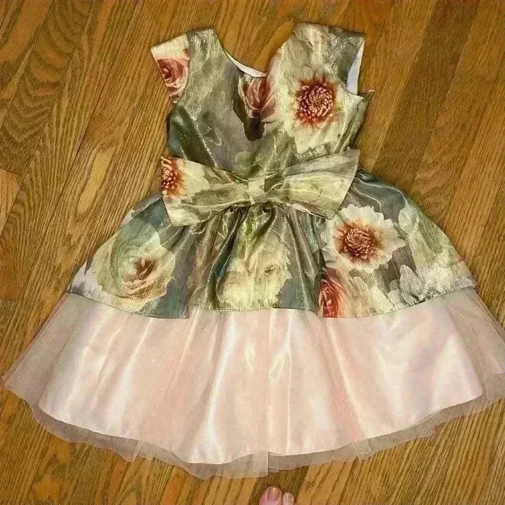 Sweet Kids Flower Girl Dress Gold Floral Size 4 Fall Wedding Party Bow